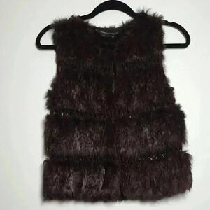 BCBGMaxazria Brown Lapin Fur Vest Sleeveless Crochet Panel Gilet Size Medium